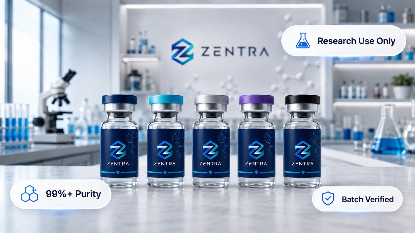 ZENTRA Peptides research-grade vials in laboratory setting