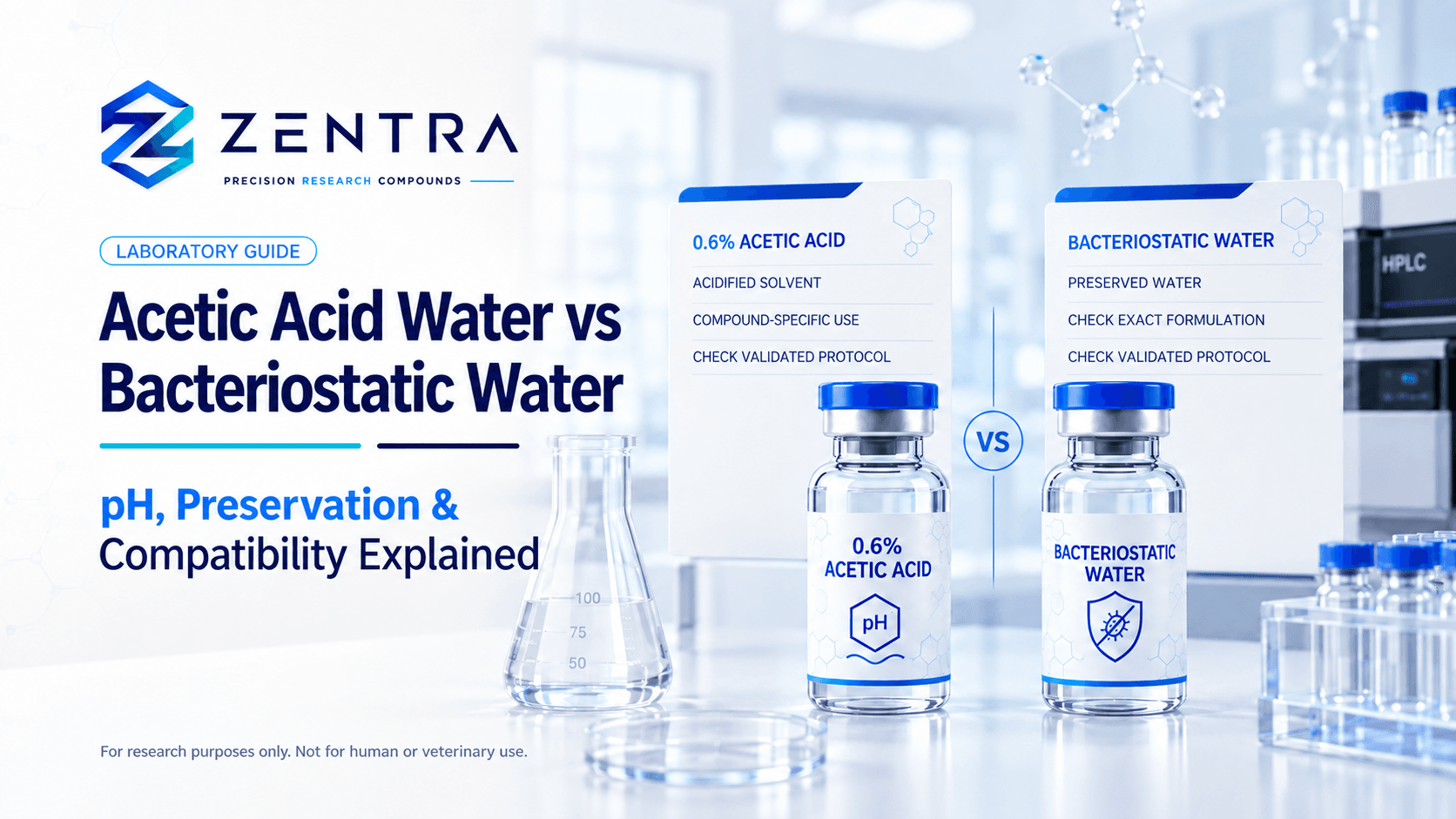 ZENTRA laboratory guide comparing acetic acid water and bacteriostatic water