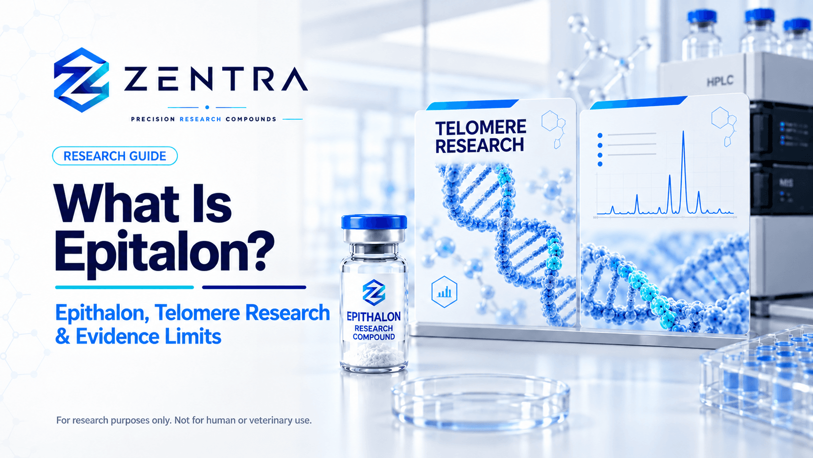 Epitalon and Epithalon research guide with an illustrated research vial, DNA helix and analytical panels.