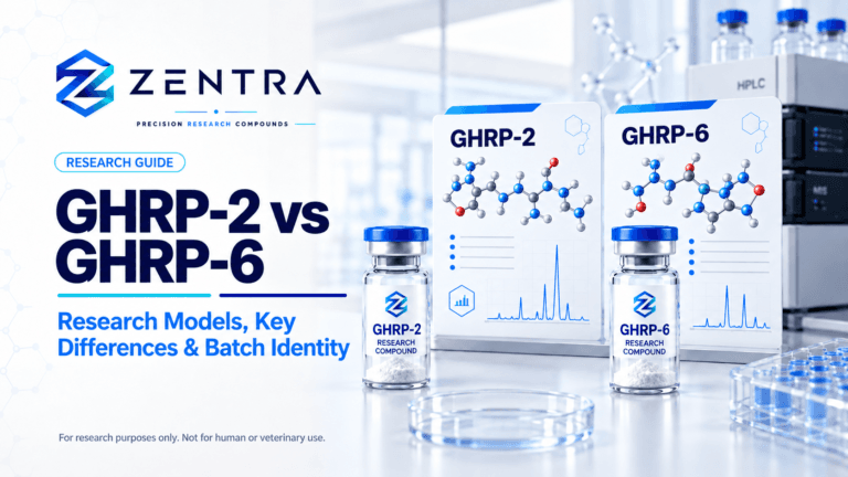GHRP-2 and GHRP-6 research comparison with illustrated laboratory vials and analytical panels.