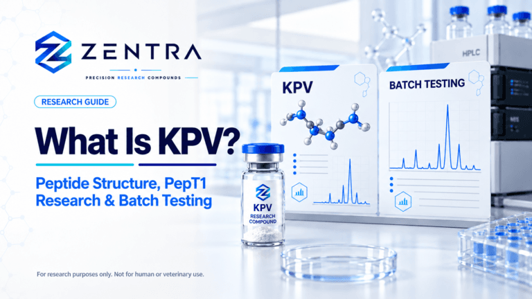 KPV research guide with an illustrated laboratory vial, conceptual peptide model and batch-testing panels.